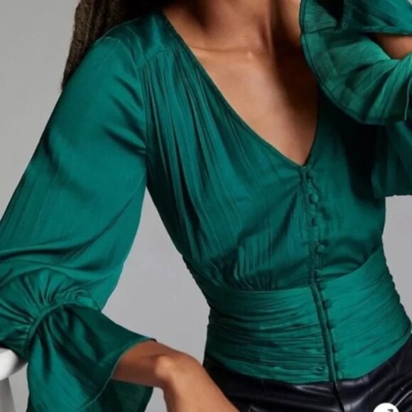 NWT | Anthropologie | Emerald Green | Long Sleeve Blouse | Bell Sleeves | Medium - Picture 1 of 6